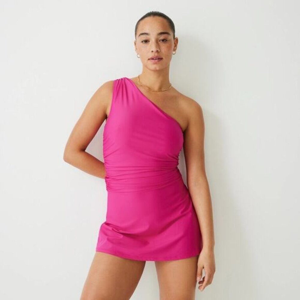 NWT J.Crew Women's Pink Ruched Radiant Fuchsia One-Shoulder Swim Dress Size 20